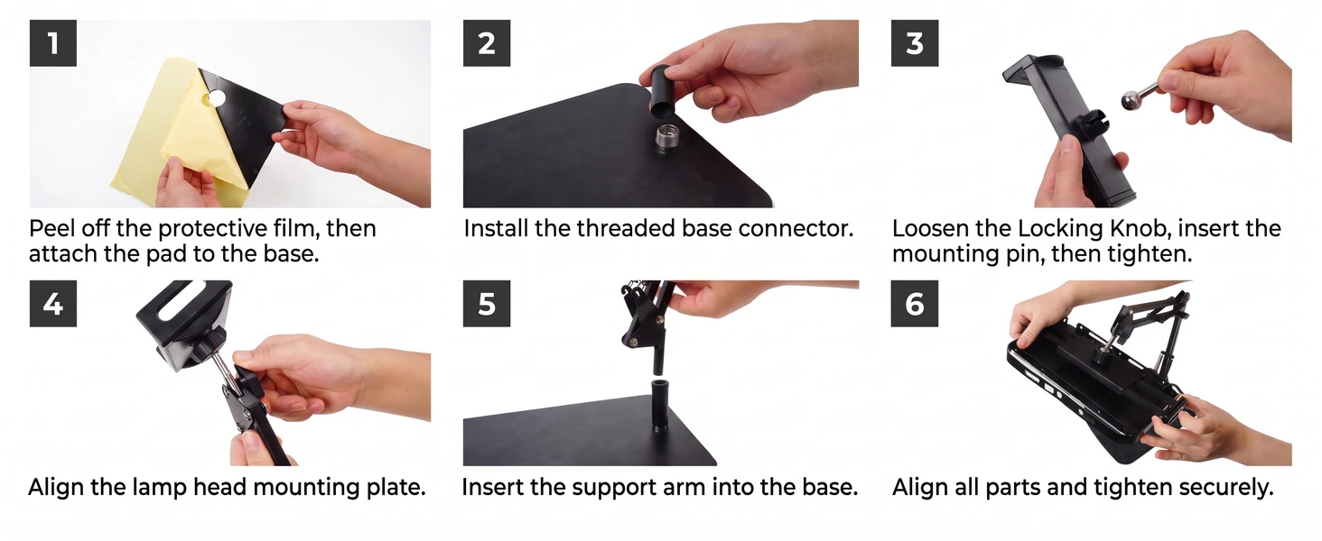 Six supplied photographs showing assembly of the GISTAR UV lamp and flat-base arm stand