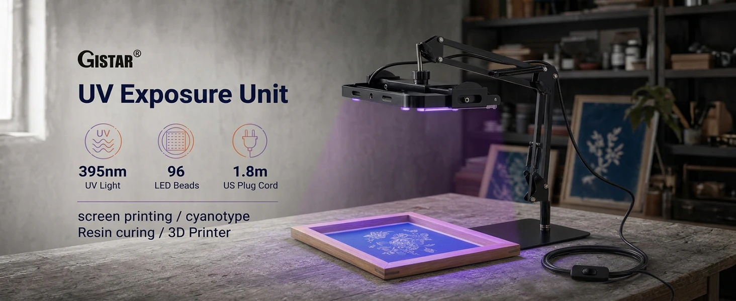 GISTAR UV Exposure Unit on a flat-base articulated arm over a cyanotype frame, with 395 nm, 96 LEDs and US power cord details