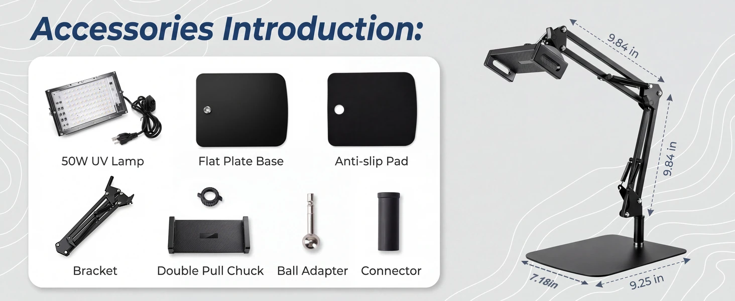 GISTAR flat-base arm-stand kit contents including the UV lamp, base, pads, bracket and connectors