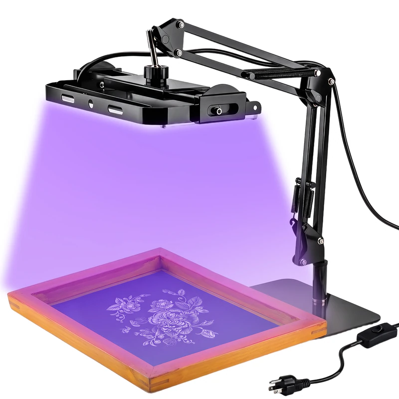 GISTAR black UV light on its articulated arm and flat tabletop base above a screen-printing frame
