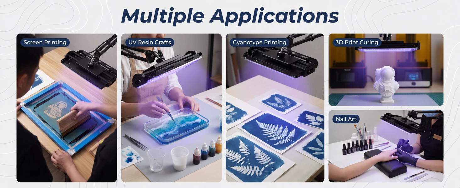 GISTAR application photographs showing screen printing, resin jewelry, cyanotypes and 3D printing
