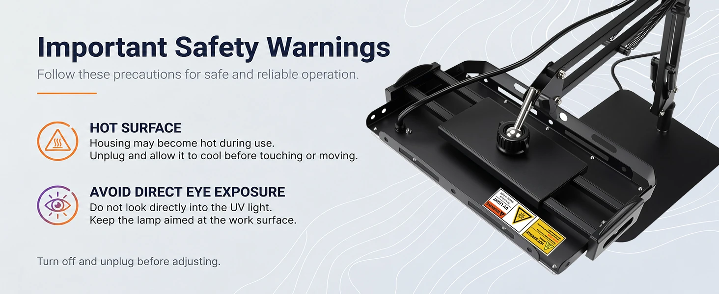 GISTAR UV light safety artwork warning about hot surfaces and direct UV exposure