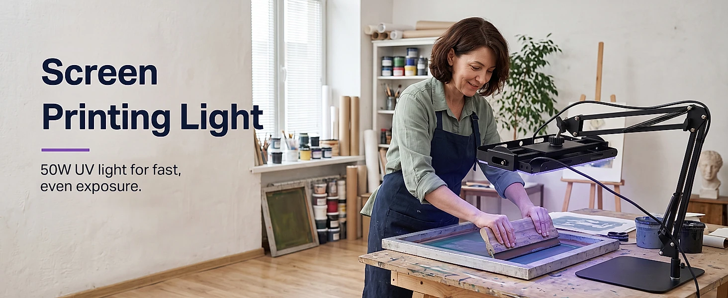 A maker using the GISTAR 50W flat-base arm-stand UV light at a screen-printing workbench