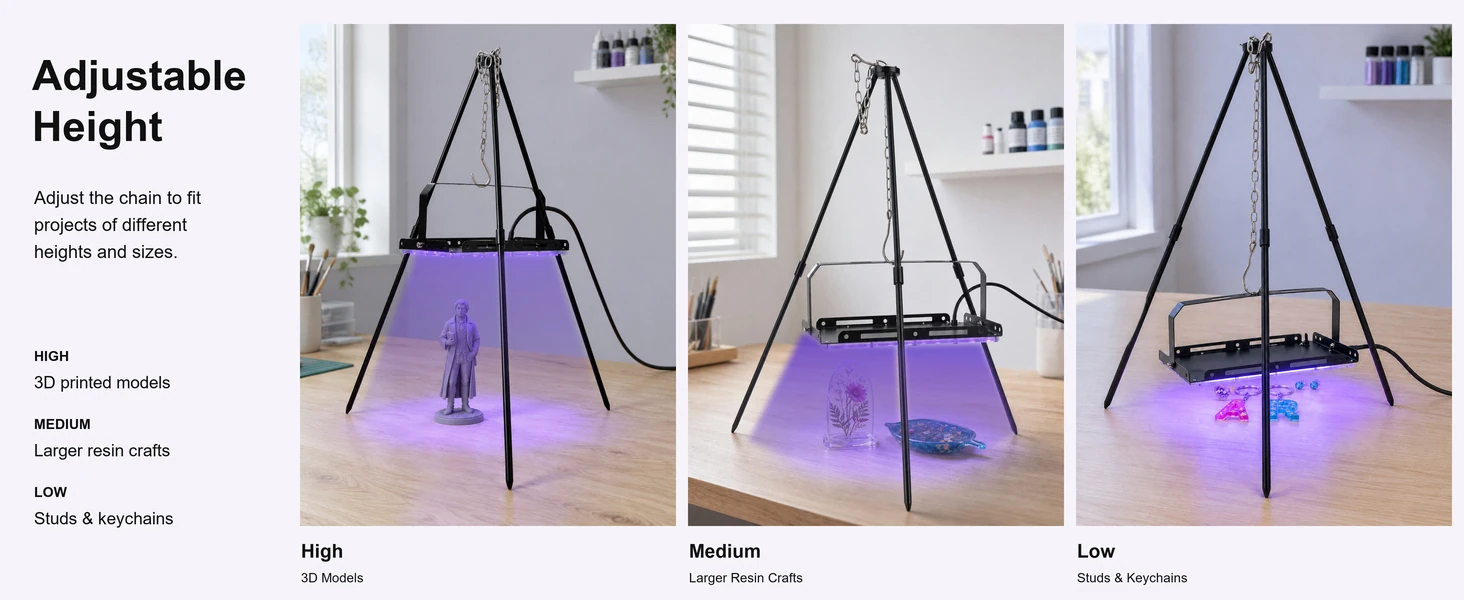 GISTAR tripod light shown at high, medium and low positions with supplied height adjustment guidance