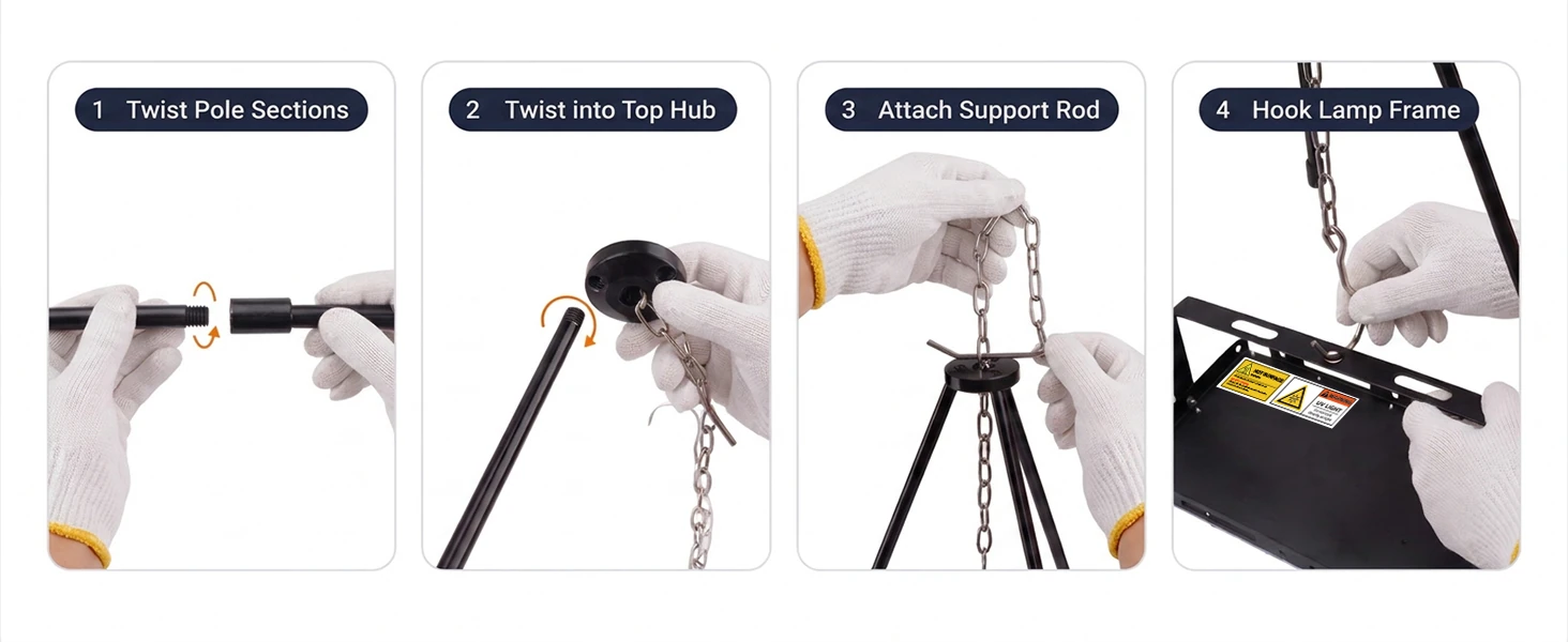 Four supplied photographs showing how to join the tripod pole sections and attach the hanging lamp