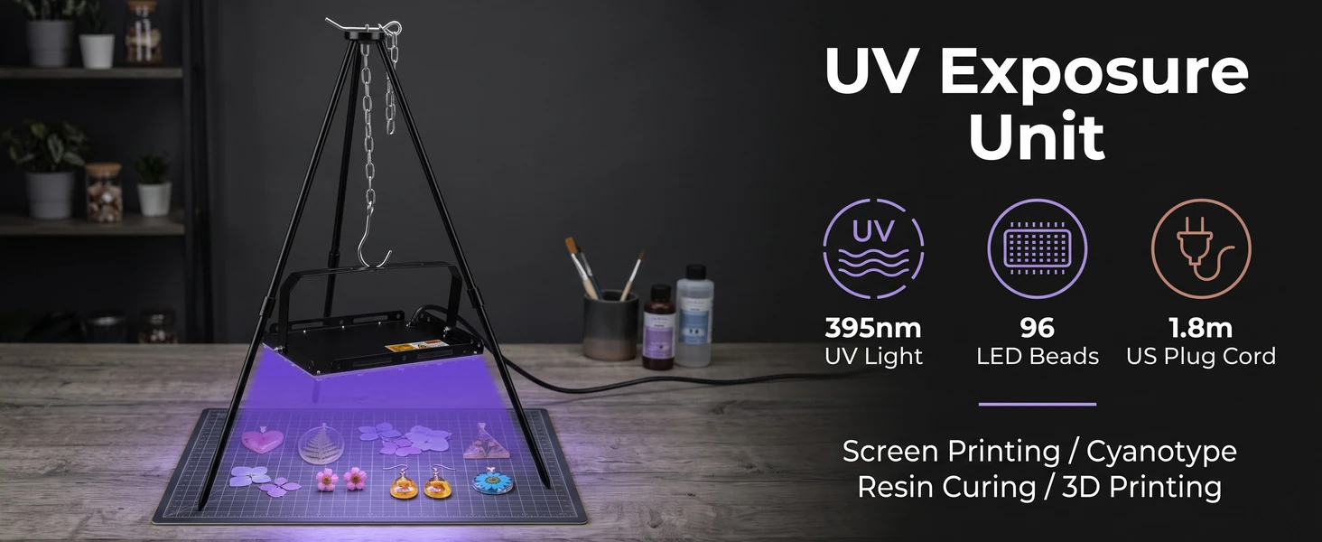 GISTAR tripod UV Exposure Unit with supplied artwork identifying 395 nm, 96 LEDs and the US power cord
