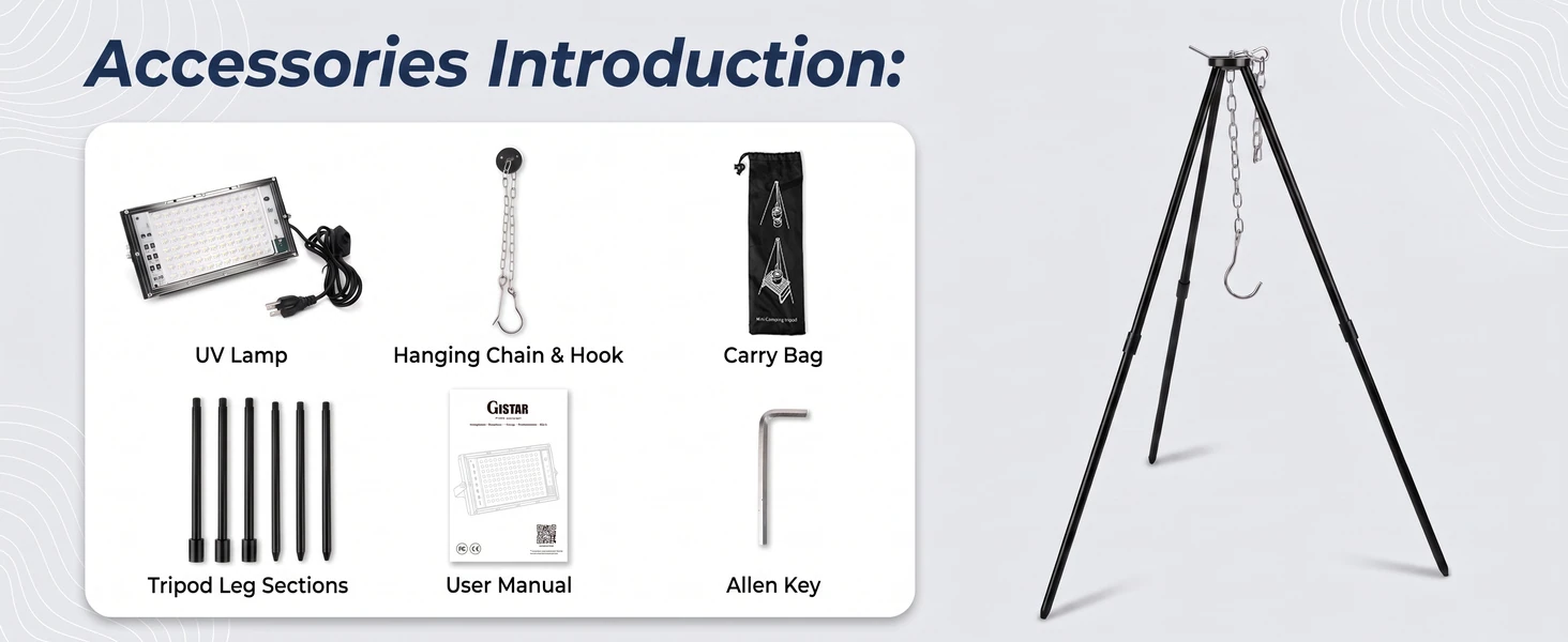 GISTAR tripod kit contents including the UV lamp, hanging chain, carry bag, leg sections, manual and Allen key