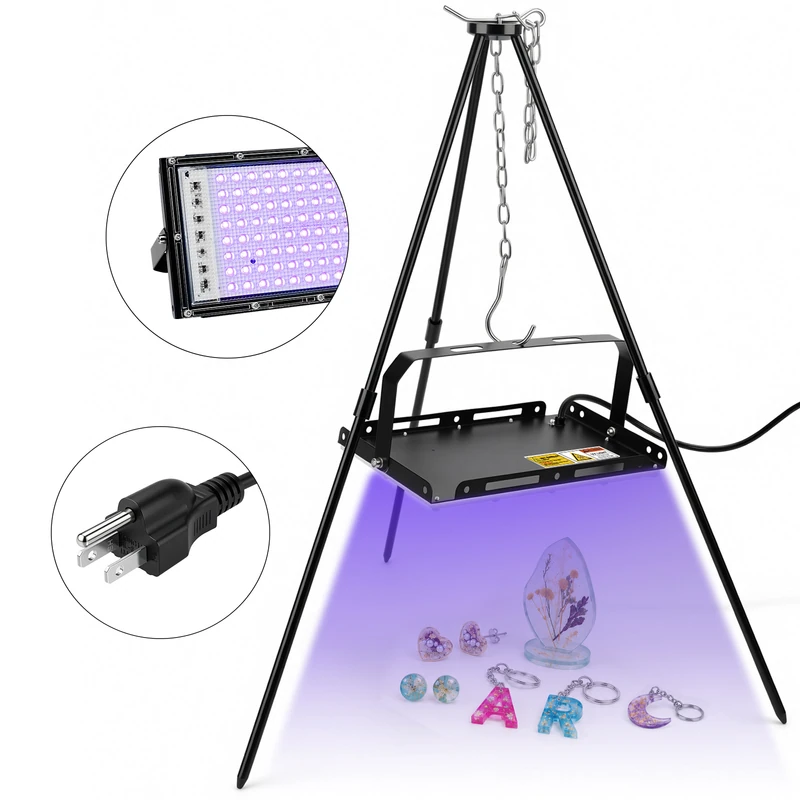 GISTAR three-leg tripod with a chain-suspended UV light above resin pieces, with close-ups of the panel and grounded plug