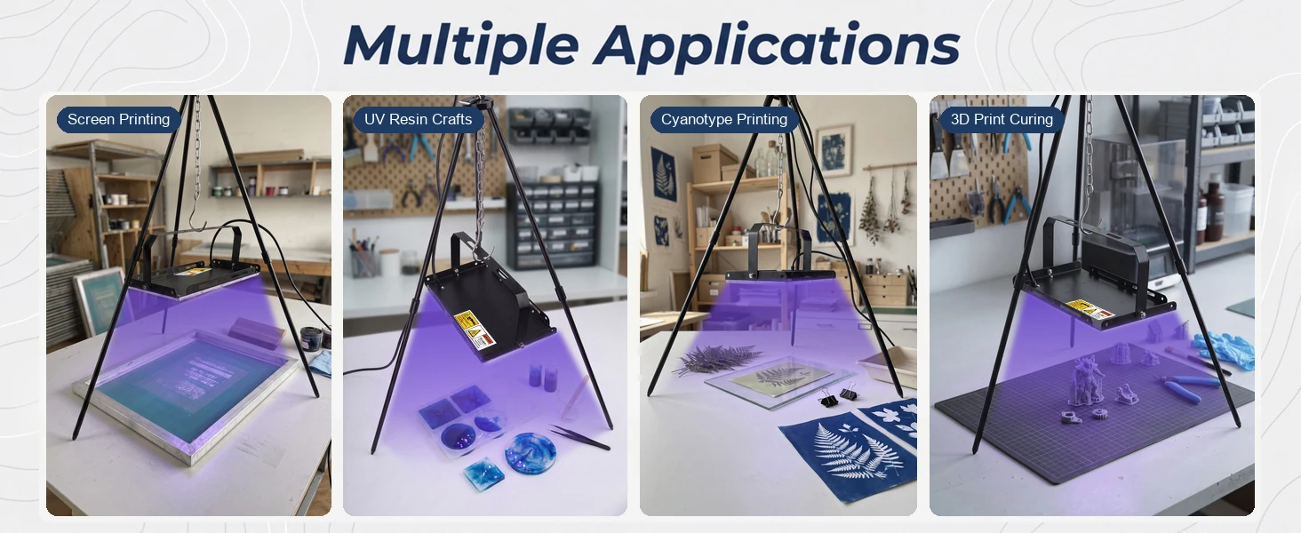 GISTAR tripod UV light application photographs for screen printing, resin crafts, cyanotypes and 3D printing