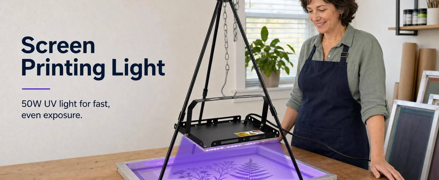 A maker using the GISTAR 50W tripod UV light above a screen-printing frame